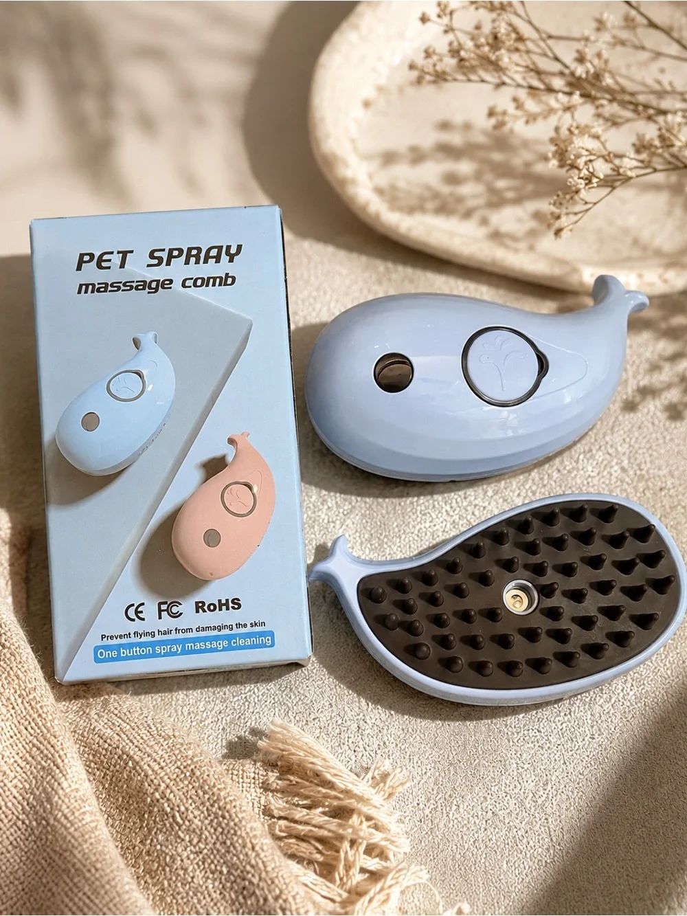 Whale Pet Spray Massage Comb - Light Blue